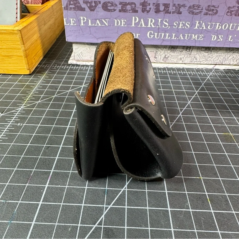 Men’s Black double stacked card wallet business card holder -brown interior